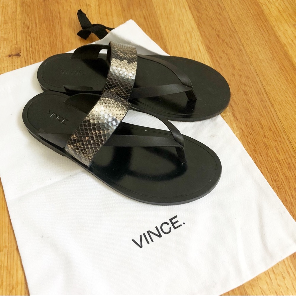 Vince. Leather Black & Snakeskin Flip Flop Sandals